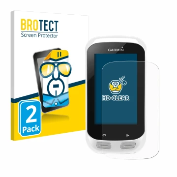 Face avant d’un emballage produit avec le logo de la marque BROTECT. À côté, l’appareil Garmin Edge Explore 1000 est représent