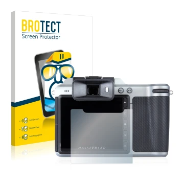 Face avant d’un emballage produit avec le logo de la marque BROTECT. À côté, l’appareil Hasselblad X1D-50c est représenté avec
