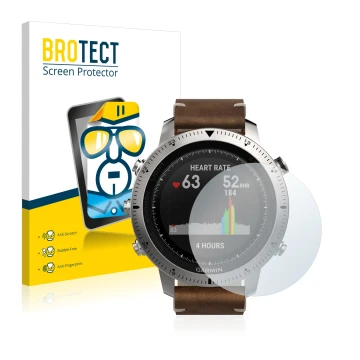 Face avant d’un emballage produit avec le logo de la marque BROTECT. À côté, l’appareil Garmin Fenix Chronos est représenté av