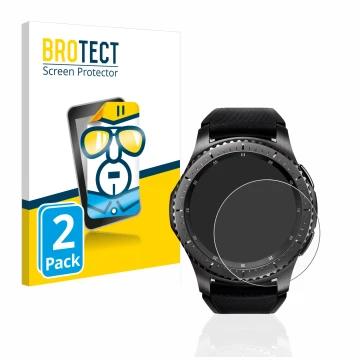 Face avant d’un emballage produit avec le logo de la marque BROTECT. À côté, l’appareil Samsung Gear S3 Frontier est représent