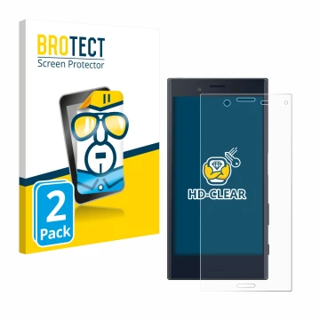 Face avant d’un emballage produit avec le logo de la marque BROTECT. À côté, l’appareil Sony Xperia X Compact est représenté a