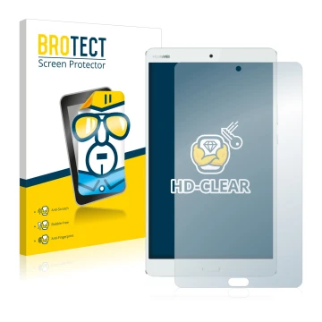 Face avant d’un emballage produit avec le logo de la marque BROTECT. À côté, l’appareil Huawei MediaPad M3 8.4 est représenté 