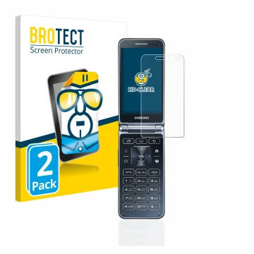 Face avant d’un emballage produit avec le logo de la marque BROTECT. À côté, l’appareil Samsung Galaxy Folder 2 est représenté