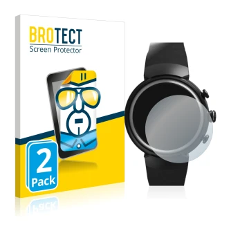 Face avant d’un emballage produit avec le logo de la marque BROTECT. À côté, l’appareil ASUS ZenWatch 3 1.39