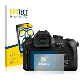 Face avant d’un emballage produit avec le logo de la marque BROTECT. À côté, l’appareil Panasonic Lumix DMC-FZ2000 est représe