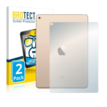 Face avant d’un emballage produit avec le logo de la marque BROTECT. À côté, l’appareil Apple iPad Air 2 2014 (Arrière) est re