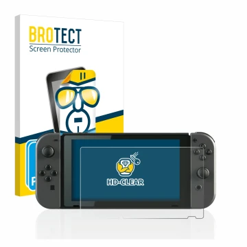 Face avant d’un emballage produit avec le logo de la marque BROTECT. À côté, l’appareil Nintendo Switch est représenté avec la