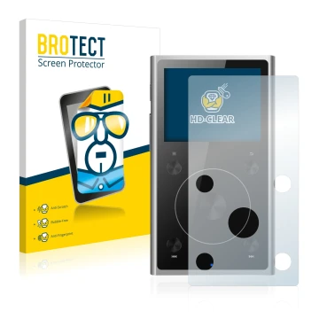 Face avant d’un emballage produit avec le logo de la marque BROTECT. À côté, l’appareil FiiO X1 II est représenté avec la prot