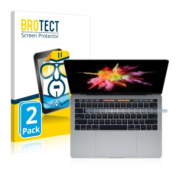 Face avant d’un emballage produit avec le logo de la marque BROTECT. À côté, l’appareil Apple MacBook Pro 13