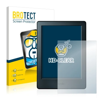 Face avant d’un emballage produit avec le logo de la marque BROTECT. À côté, l’appareil Amazon Kindle 2016 (8ème Gen.) est rep