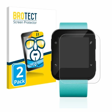 Face avant d’un emballage produit avec le logo de la marque BROTECT. À côté, l’appareil Garmin Forerunner 35 est représenté av