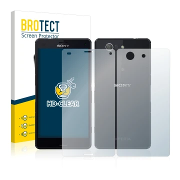 Face avant d’un emballage produit avec le logo de la marque BROTECT. À côté, l’appareil Sony Xperia Z3 Compact D5803 (Avant+Ar