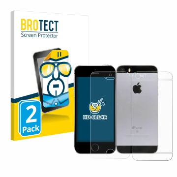 Face avant d’un emballage produit avec le logo de la marque BROTECT. À côté, l’appareil Apple iPhone SE 2016 (Avant+Arrière) e