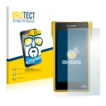 Face avant d’un emballage produit avec le logo de la marque BROTECT. À côté, l’appareil Sony Walkman NW-WM1A est représenté av