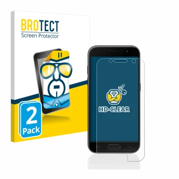 Face avant d’un emballage produit avec le logo de la marque BROTECT. À côté, l’appareil Samsung Galaxy A3 2017 est représenté 