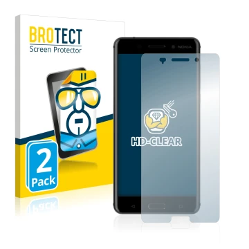 Face avant d’un emballage produit avec le logo de la marque BROTECT. À côté, l’appareil Nokia 6 2017 est représenté avec la pr