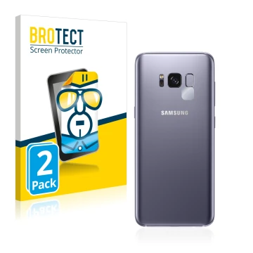 Face avant d’un emballage produit avec le logo de la marque BROTECT. À côté, l’appareil Samsung Galaxy S8 (Caméra UNIQUEMENT) 