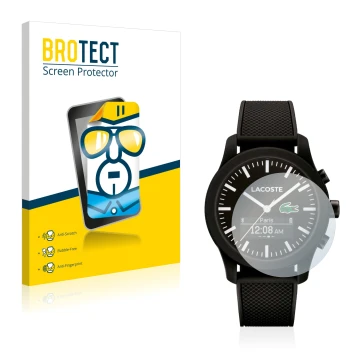 Face avant d’un emballage produit avec le logo de la marque BROTECT. À côté, l’appareil Lacoste 12.12 Contact est représenté a