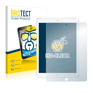 Face avant d’un emballage produit avec le logo de la marque BROTECT. À côté, l’appareil Apple iPad 9.7 2017 (5ème Gen.) est re