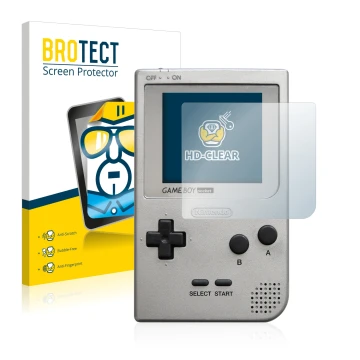 Face avant d’un emballage produit avec le logo de la marque BROTECT. À côté, l’appareil Nintendo Gameboy Pocket est représenté