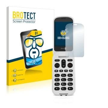 Face avant d’un emballage produit avec le logo de la marque BROTECT. À côté, l’appareil Doro 6050 est représenté avec la prote