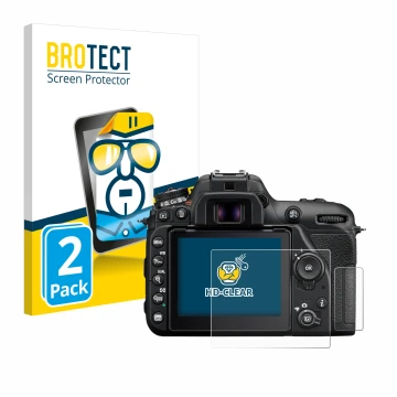 Face avant d’un emballage produit avec le logo de la marque BROTECT. À côté, l’appareil Nikon D7500 est représenté avec la pro