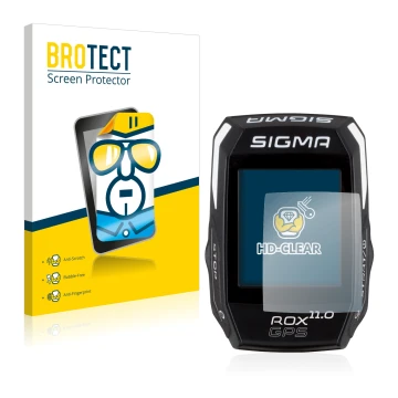 Face avant d’un emballage produit avec le logo de la marque BROTECT. À côté, l’appareil Sigma ROX GPS 11.0 est représenté avec