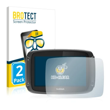 Face avant d’un emballage produit avec le logo de la marque BROTECT. À côté, l’appareil TomTom Rider 450 est représenté avec l