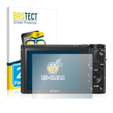 Face avant d’un emballage produit avec le logo de la marque BROTECT. À côté, l’appareil Sony Cyber-Shot DSC-RX100 V est représ