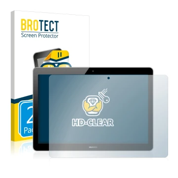 Face avant d’un emballage produit avec le logo de la marque BROTECT. À côté, l’appareil Huawei MediaPad T3 10 est représenté a