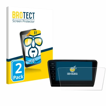 Face avant d’un emballage produit avec le logo de la marque BROTECT. À côté, l’appareil Skoda Octavia 2017 Infotainment System