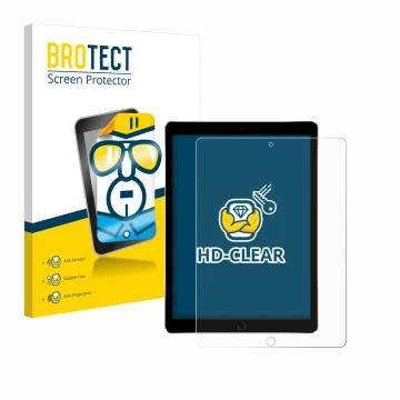 Face avant d’un emballage produit avec le logo de la marque BROTECT. À côté, l’appareil Apple iPad Pro 12.9