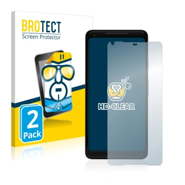 Face avant d’un emballage produit avec le logo de la marque BROTECT. À côté, l’appareil Google Pixel 2 XL est représenté avec 