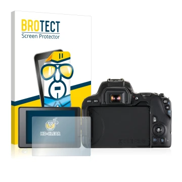 Face avant d’un emballage produit avec le logo de la marque BROTECT. À côté, l’appareil Canon EOS 200D est représenté avec la 