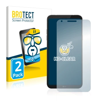 Face avant d’un emballage produit avec le logo de la marque BROTECT. À côté, l’appareil LG Q6 est représenté avec la protectio