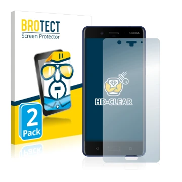 Face avant d’un emballage produit avec le logo de la marque BROTECT. À côté, l’appareil Nokia 8 est représenté avec la protect