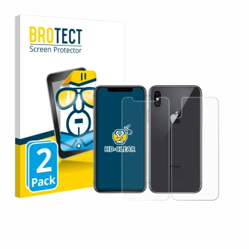 Face avant d’un emballage produit avec le logo de la marque BROTECT. À côté, l’appareil Apple iPhone X (Avant+Arrière) est rep