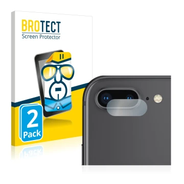 Face avant d’un emballage produit avec le logo de la marque BROTECT. À côté, l’appareil Apple iPhone 8 Plus (Caméra UNIQUEMENT