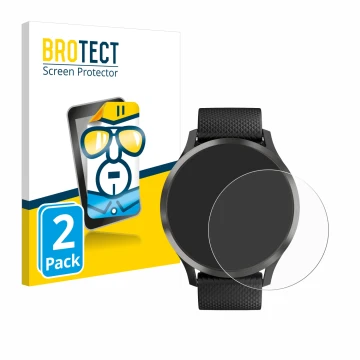 Face avant d’un emballage produit avec le logo de la marque BROTECT. À côté, l’appareil Garmin vivomove HR est représenté avec