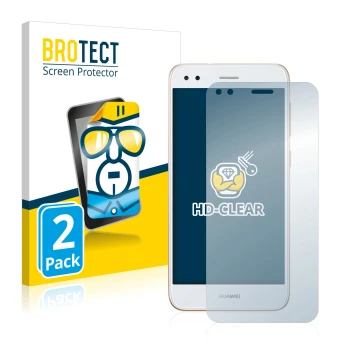 Face avant d’un emballage produit avec le logo de la marque BROTECT. À côté, l’appareil Huawei P9 Lite Mini est représenté ave