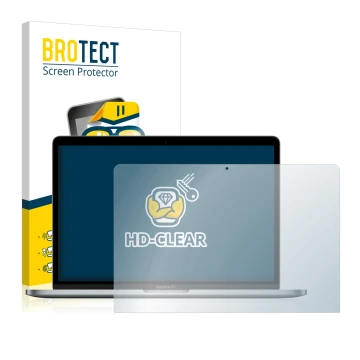 Face avant d’un emballage produit avec le logo de la marque BROTECT. À côté, l’appareil Apple MacBook Pro 13