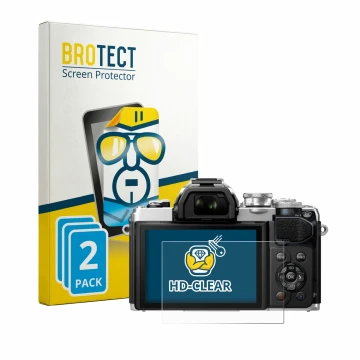 Face avant d’un emballage produit avec le logo de la marque BROTECT. À côté, l’appareil Olympus OM-D E-M10 Mark III est représ