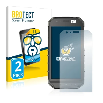 Face avant d’un emballage produit avec le logo de la marque BROTECT. À côté, l’appareil Caterpillar Cat S31 est représenté ave