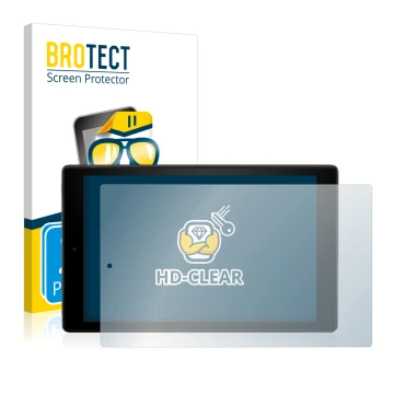 Face avant d’un emballage produit avec le logo de la marque BROTECT. À côté, l’appareil Amazon Fire HD 10 2017 (7ème Gen.) est