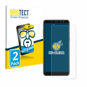 Face avant d’un emballage produit avec le logo de la marque BROTECT. À côté, l’appareil Samsung Galaxy A8 2018 est représenté 