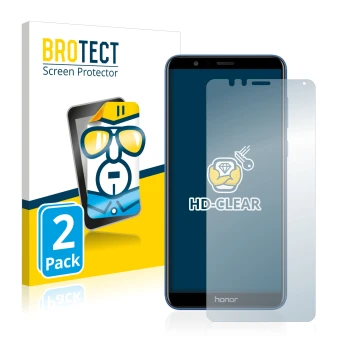 Face avant d’un emballage produit avec le logo de la marque BROTECT. À côté, l’appareil Honor 7X est représenté avec la protec