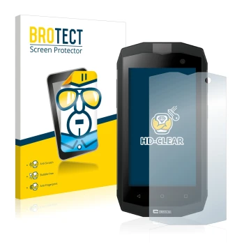 Face avant d’un emballage produit avec le logo de la marque BROTECT. À côté, l’appareil Crosscall Trekker M1 est représenté av