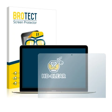 Face avant d’un emballage produit avec le logo de la marque BROTECT. À côté, l’appareil Apple MacBook Retina 12