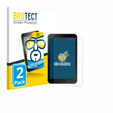 Face avant d’un emballage produit avec le logo de la marque BROTECT. À côté, l’appareil Samsung Galaxy Tab Active 2 est représ