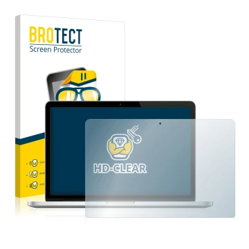 Face avant d’un emballage produit avec le logo de la marque BROTECT. À côté, l’appareil Apple MacBook Pro Retina 13